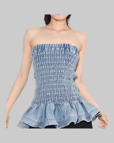 Smocked Ruffled Hem Denim Tube Top – Strapless Summer Statement